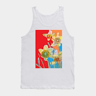 Abstract Yellow Daffodil Watercolor Pattern on Red, Orange and Blue Tank Top